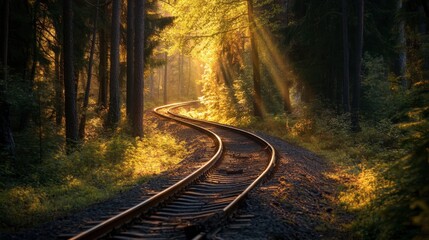 Fototapeta premium Railway tracks curving through a dense forest, with tall trees and sunlight filtering through the branches.
