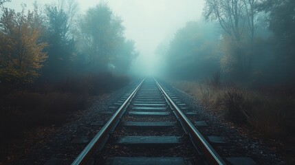 Fototapeta premium Railway tracks leading through a foggy forest, with mist rolling through the trees and creating an ethereal atmosphere.