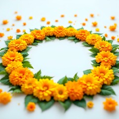 Obraz premium Vibrant Marigold Flower Rangoli with Mango Leaves on White Background Festive Floral Design with Copy Space for Greetings