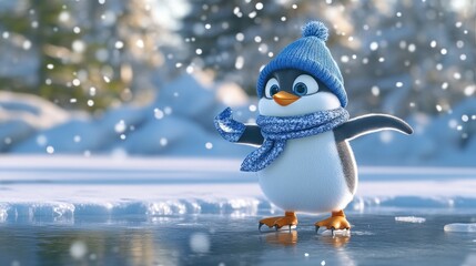 Cute cartoon image of a penguin ice skating on a pond.