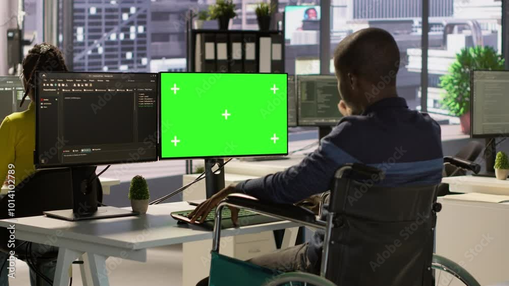 Poster person with disability testing and deploying programs and systems on green screen pc. software techn