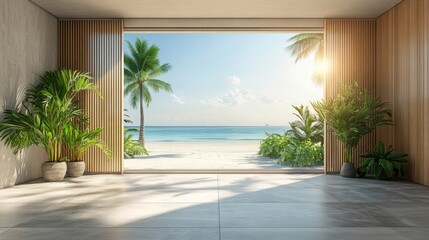 Balcony room with sea and beach view from the window. Modern interior with wooden slat wall panels...