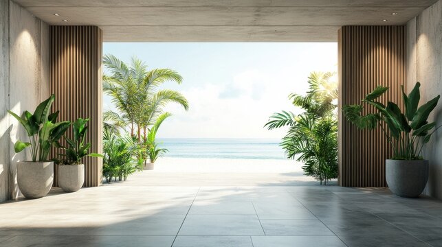Balcony room with sea and beach view from the window. Modern interior with wooden slat wall panels and concrete tiles. Terrace mockup with sunlight