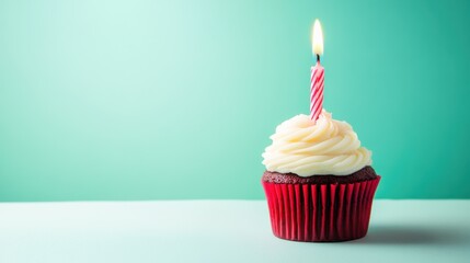 Birthday cupcake with one candle on pastel background