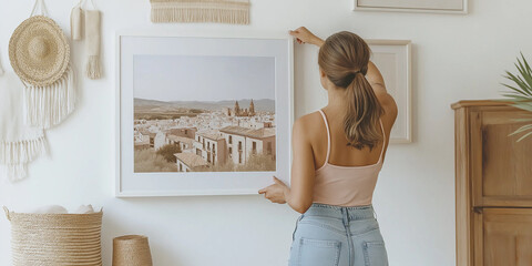 Woman hanging travel photography print on white wall in bohemian chic home decor