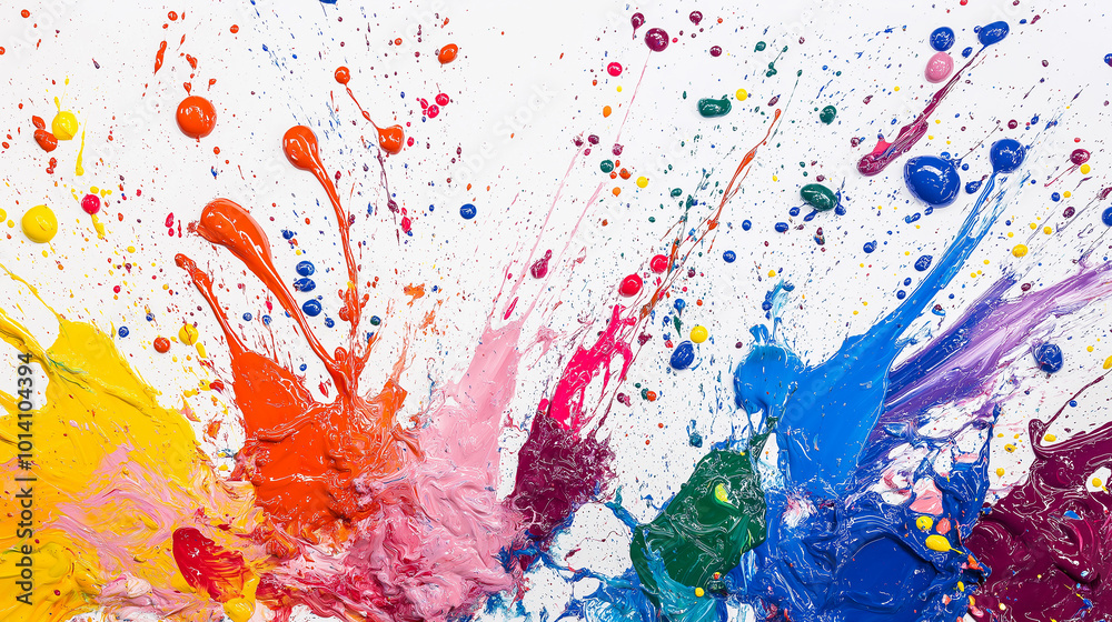 Poster Colorful paint splashing on white canvas creating abstract design