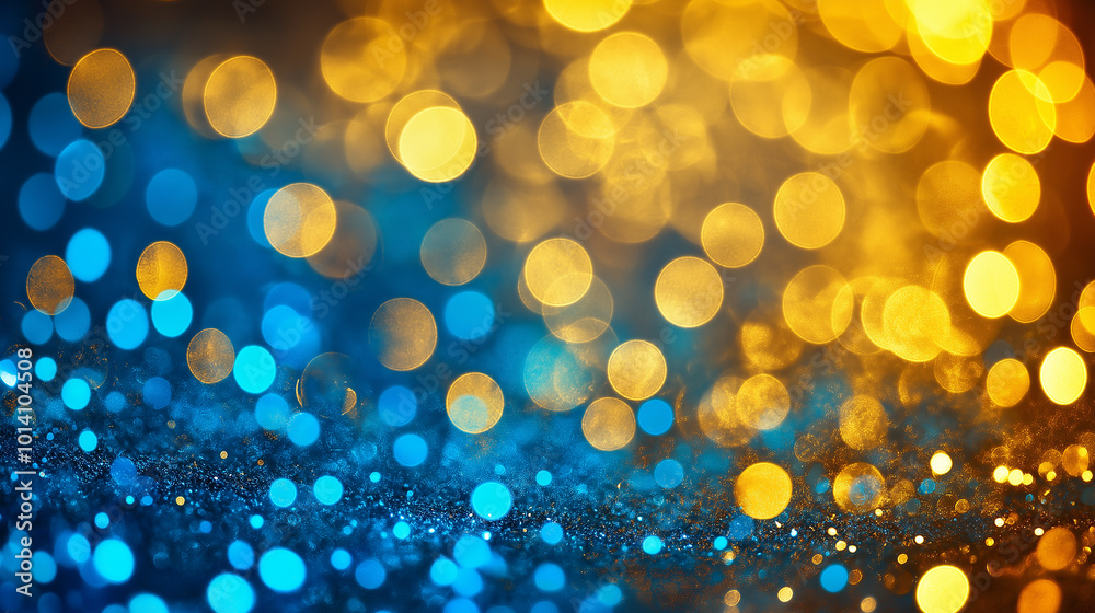 Poster Abstract blue and gold glitter background with sparkling bokeh lights