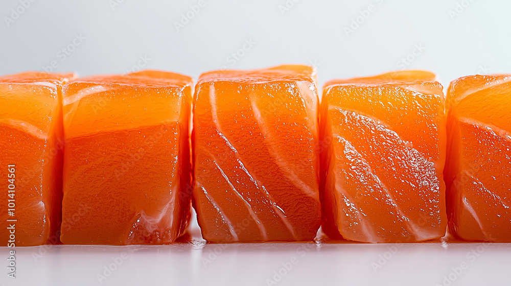 Poster fresh salmon fillet cubes in a row on white background