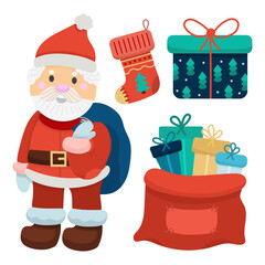Flat style illustration with Santa Claus, a bag of gifts and a sock for a surprise for children.