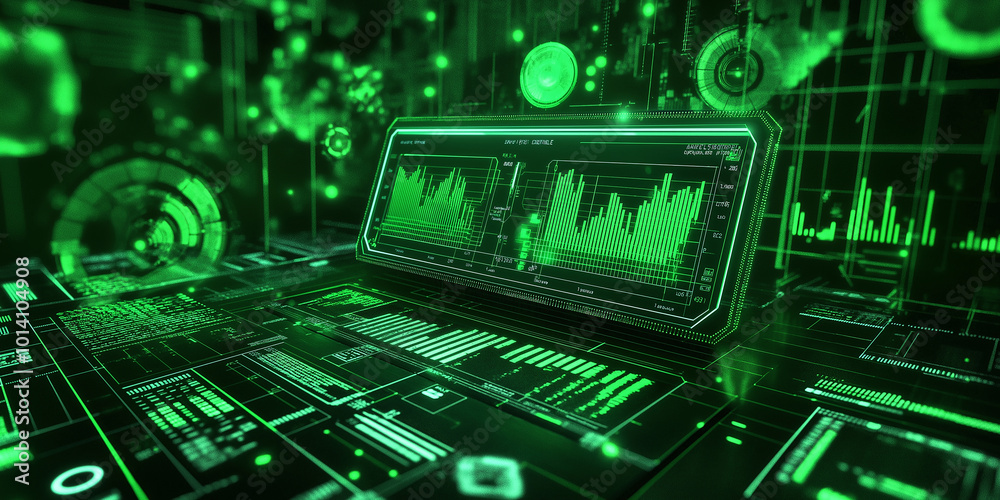 Poster Futuristic green interface showing charts and data analysis