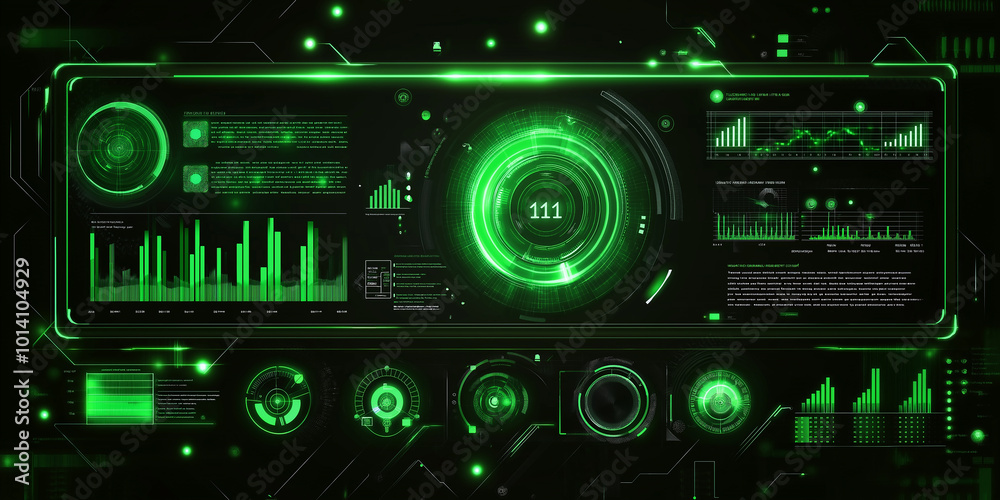 Poster Futuristic green head up display showing charts and data analysis