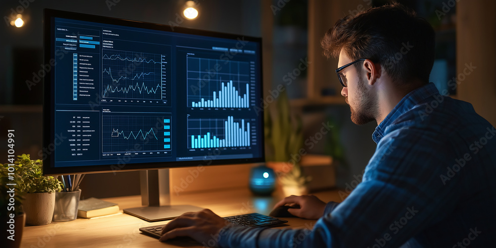 Poster Financial analyst working late using computer with multiple stock market charts on screen