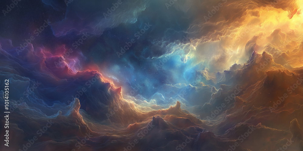 Poster alien planet surface with mountains and colorful nebula cloudscape