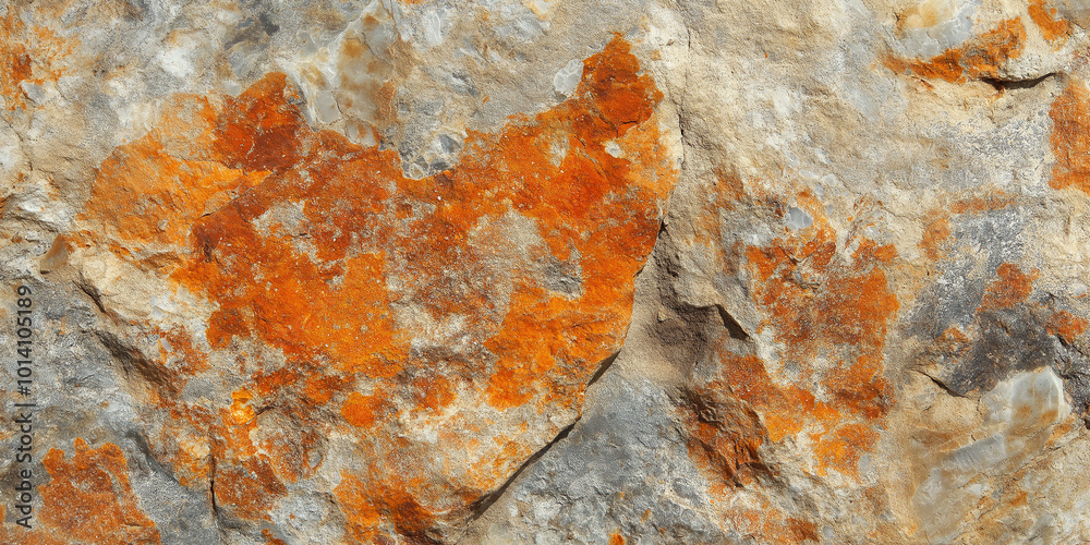Poster Orange lichen growing on a rock face creating an abstract pattern