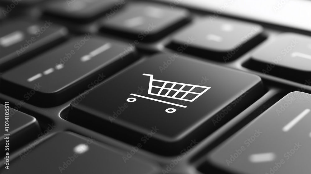 Poster Shopping cart icon key is activating online shopping on a modern keyboard