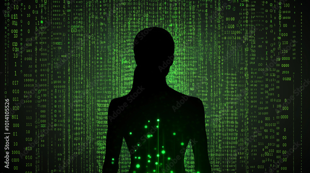Poster Woman silhouette emerging from binary code data stream