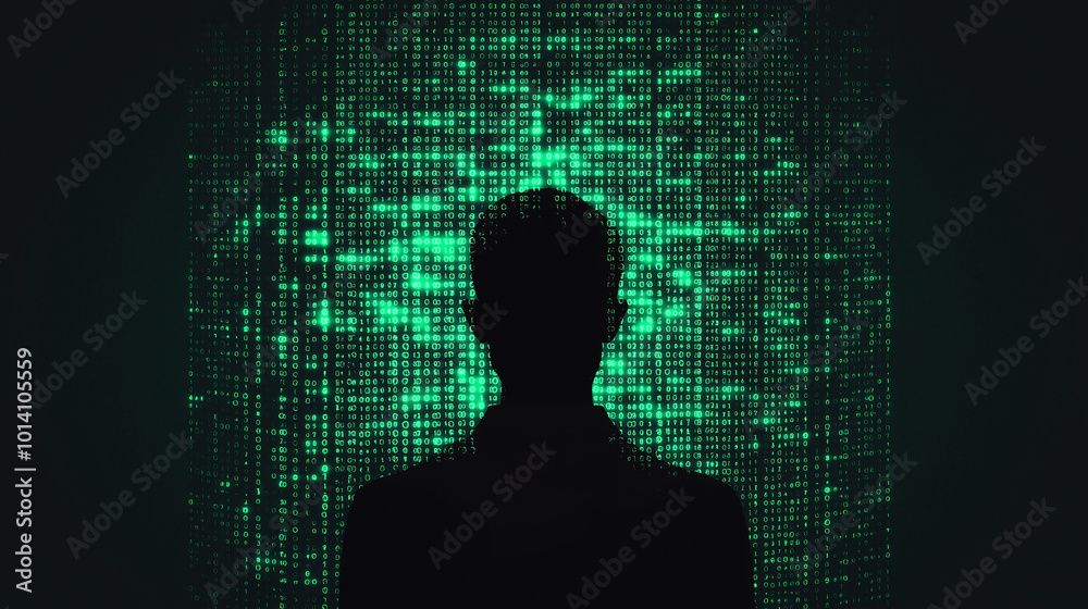 Poster Businessman standing with green binary code data stream background