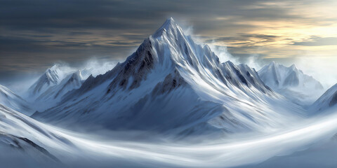 Majestic snow capped mountain range under cloudy sky