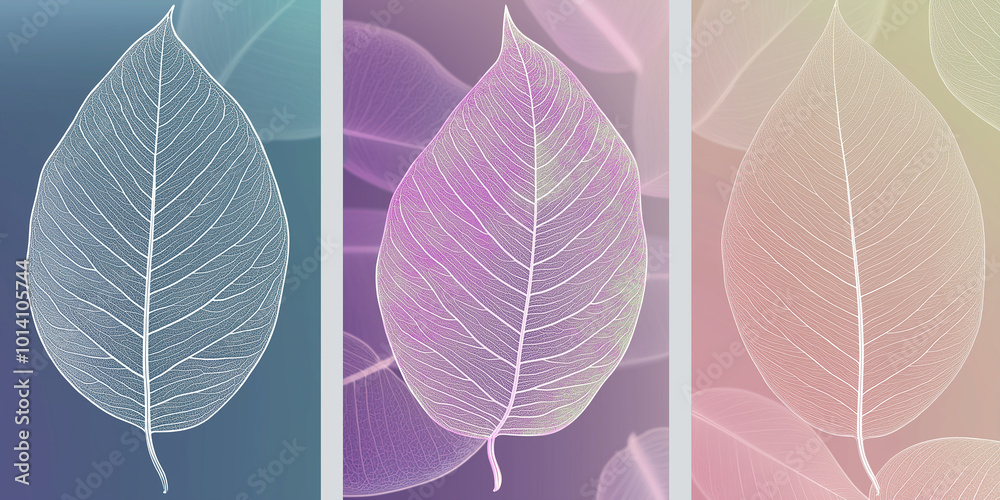 Aufkleber set of three minimalist abstract backgrounds with skeleton leaves in pastel colors