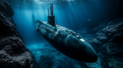 Military submarine patrolling dark ocean deep underwater