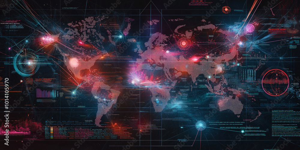 Poster Global network security system analyzing world map for cyber threats