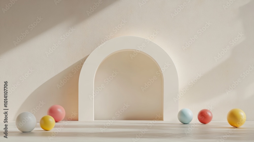 Aufkleber minimalist composition with colorful spheres and arch on neutral background