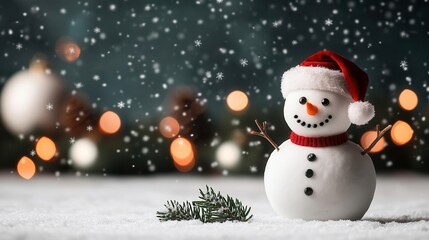 Obraz premium A cheerful snowman in a red hat and scarf stands amidst falling snow, surrounded by colorful holiday lights and festive decorations.