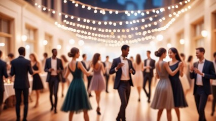 Blurred background of a party with people dancing and string lights.