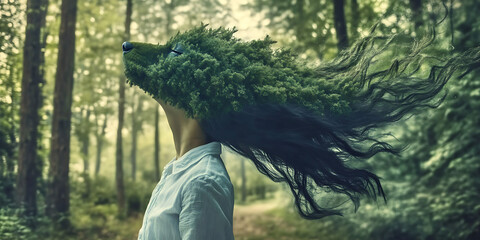 Forest Spirit: Enchanting surreal portrait of a woman with flowing dark hair and a leafy wolf head, captured in a mystical forest setting.