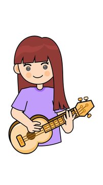 Girl plays a ukulele guitar cartoon animation in a transparent background. Suitable for adorable performance characters and musical entertainment element content. Seamless looping