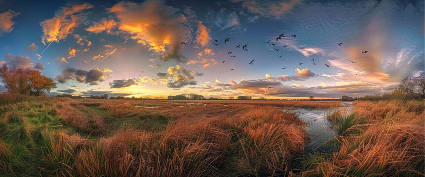 Beautiful country fields, little birds in the hay,, bathed in the golden light of sunset, autumn scencry, A few clouds drift above