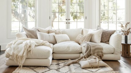 Cozy Living Room with Textured White Sofa and Pillows