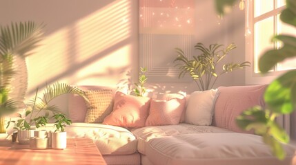 Cozy Living Room with Natural Light and Green Plants