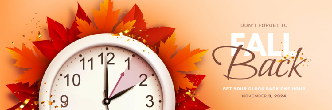 Fall back time. Daylight saving time ends banner with realistic wall clock and bright autumn foliage decoration on orange background. Set your clocks back one hour on November 3. Vector illustration