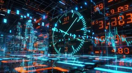 Futuristic City with Digital Clock and Data Visualization