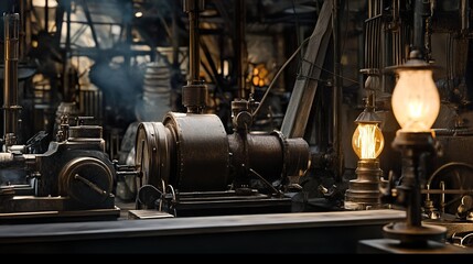 Obraz premium Vintage Steam Engine in an Industrial Workshop
