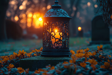 A close-up of a lantern filled with a candle, placed on a gravestone in the early evening light during All Souls' Day.