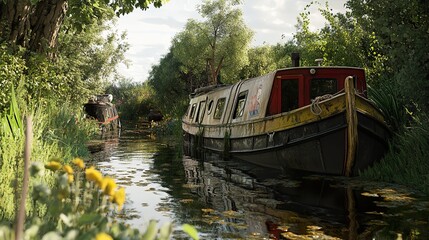 Obraz premium Tranquil Canal Scene with Old Boat and Lush Greenery