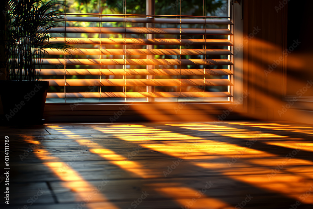 Wall mural sunlight passing through blinds, creating striped patterns on the floor. concept of design.