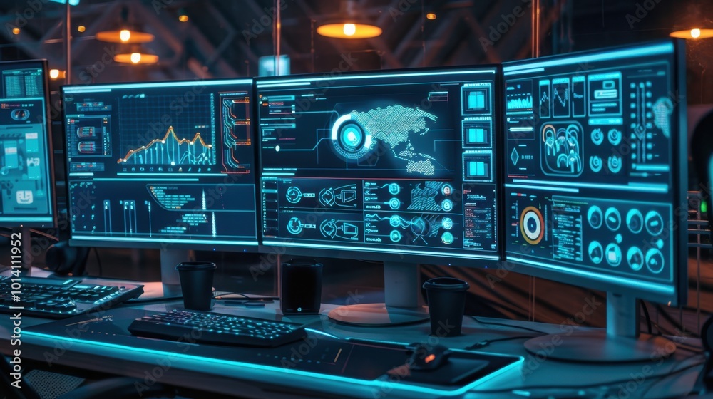 Poster high-tech workspace with multiple monitors and graphics