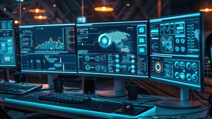 Obraz premium High-Tech Workspace with Multiple Monitors and Graphics