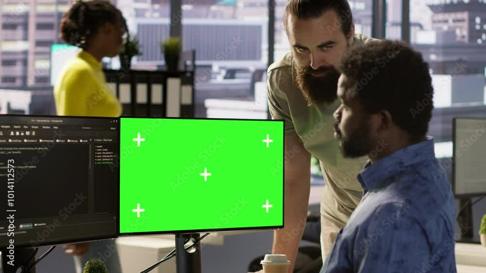Poster developer using mockup pc, being assisted by colleague to fix applications issues, dealing with data