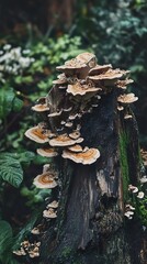 Mushrooms Growing on a Tree Stump in the Forest