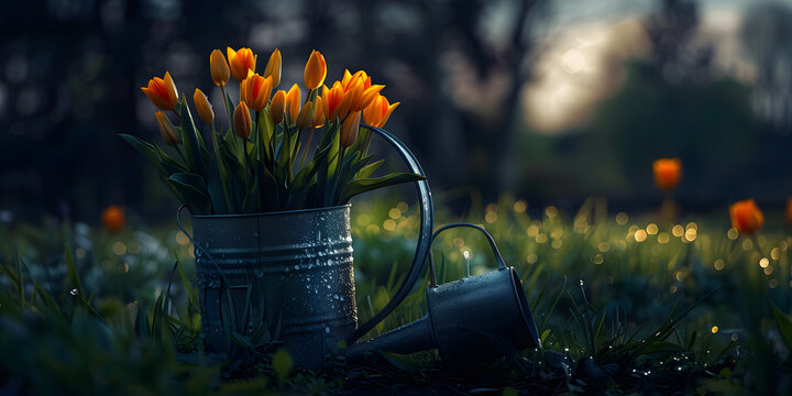 Tulipas em um regador vintage