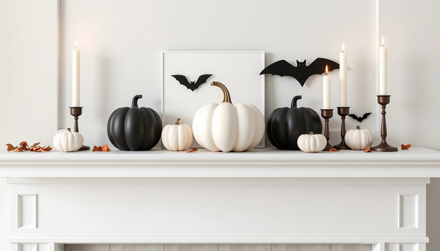 A stylish Halloween mantel display featuring black and white pumpkins, tall candles, and bat decorations for a modern festive ambiance.

