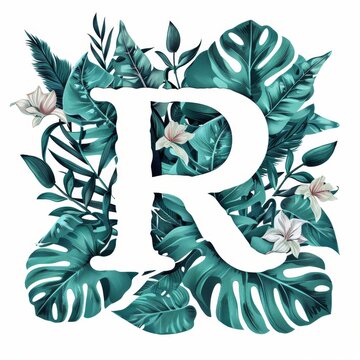 white letter r surrounded teal leaves clip art preview