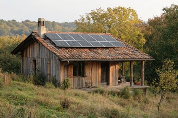 Obraz premium A rustic wooden cabin with solar panels. This photo depicts the use of renewable energy in a rural setting.