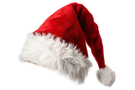 A classic red and white Santa hat with a white pom-pom on top. Hat of Santa Claus Generative ai
