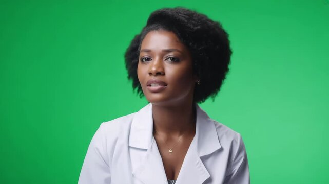 Female african doctor wearing white medical uniform talks about a new medicine, vaccine, virus isolated on green background. Talking young woman on interview or presentation. Ready for chroma key