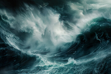 A painting of a stormy sea with a large wave crashing.,